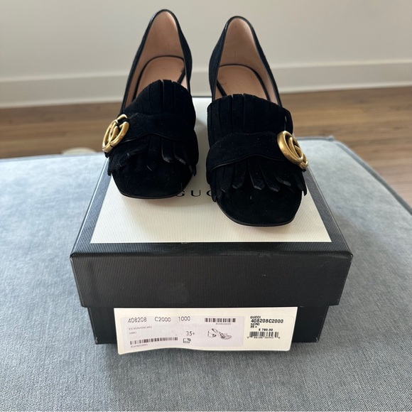 Gucci Black Suede Marmont Fringe Loafers with Gold Double G - Picture 2 of 8